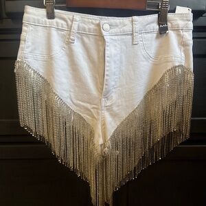 ✨ Akira White Rhinestone Fringe Denim Shorts – XXL ✨